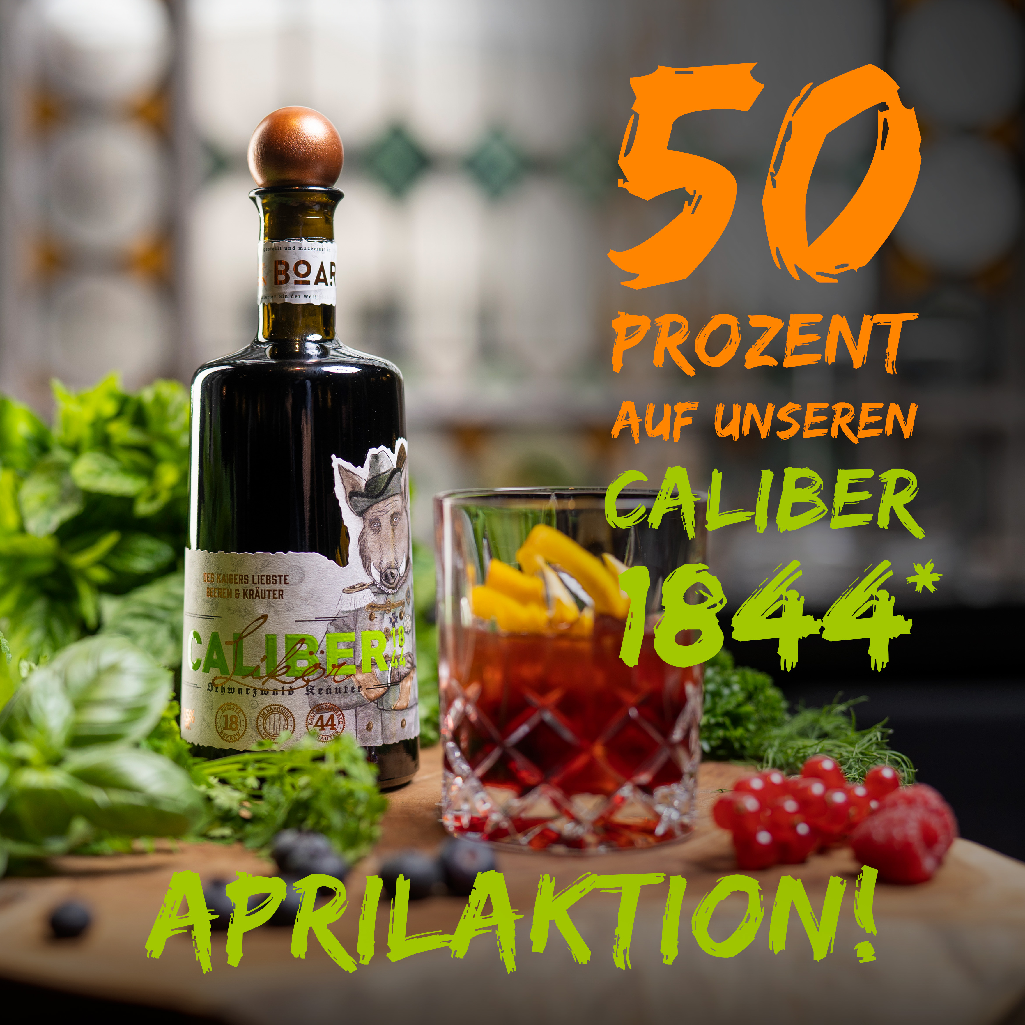 Aprilaktion: 50 % Ermäßigung auf Caliber 1844 beim Kauf von einer 0,5L-Gin-Flasche!